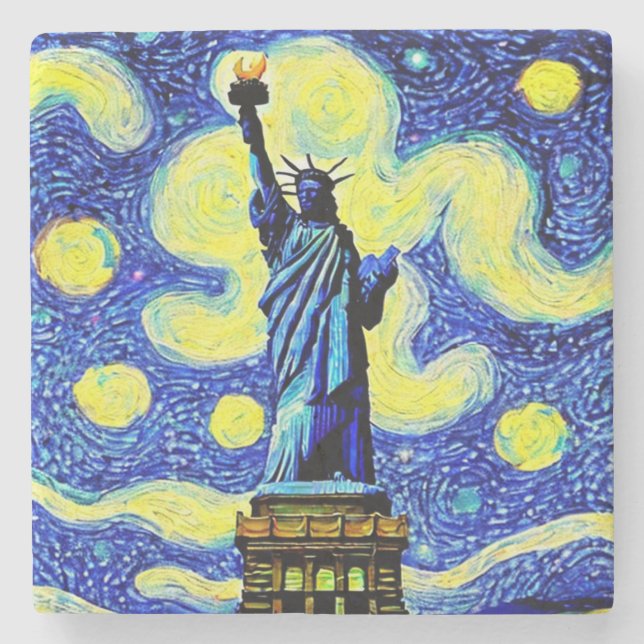 Starry Night Statue Of Liberty New York Stone Coaster (Front)