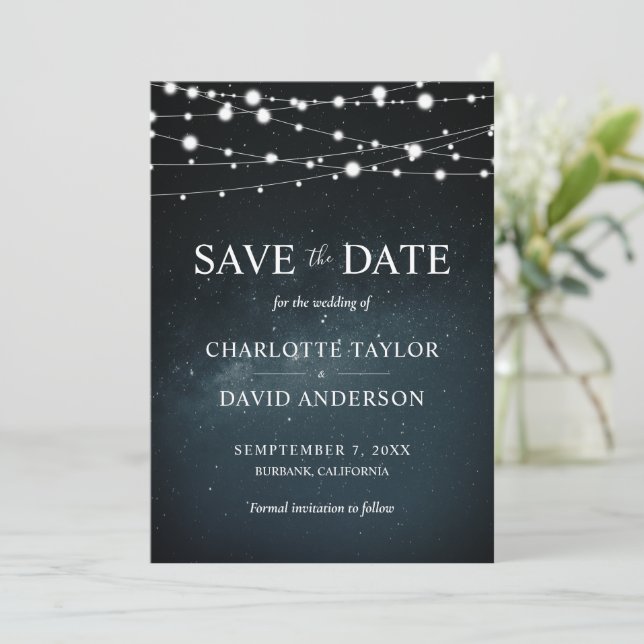 Starry Night String Lights Wedding Save The Date (Standing Front)