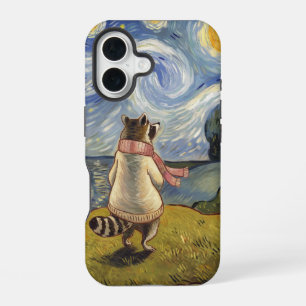 Starry Night Stroll – Cosy Racoon Art iPhone 16 Case