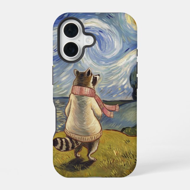 Starry Night Stroll  – Cosy Racoon Art iPhone 16 Case (Back)