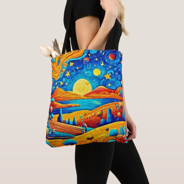 Starry Night Surrealism Cartoon Art Tote Bag (Close Up)
