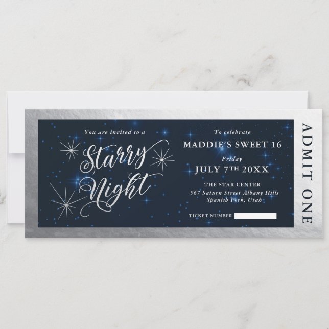 Starry Night Sweet Sixteen Ticket Invitation (Front)