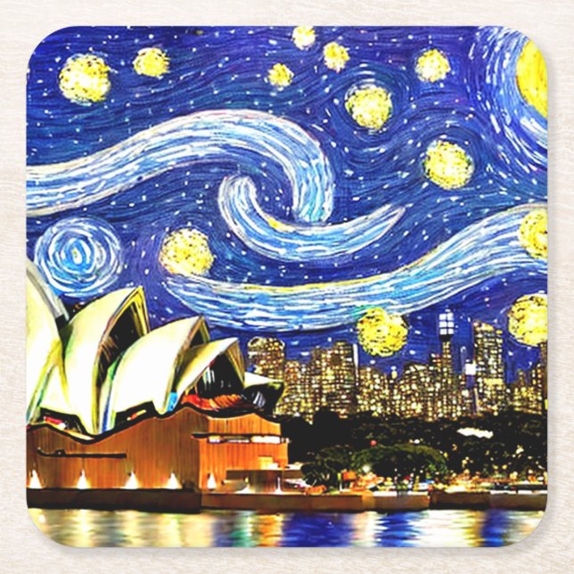 Starry Night Sydney Australia Opera House Square Paper Coaster (Front)