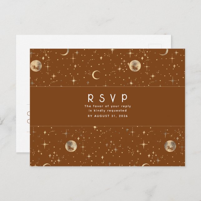 Starry Night Terracotta and Gold Wedding RSVP Postcard (Front/Back)