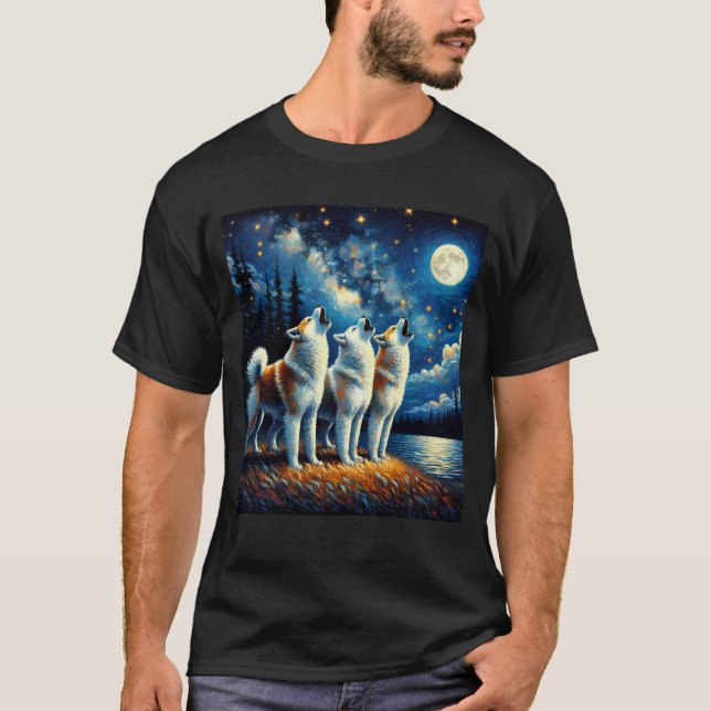 Starry Night Three Akita Howling at Moon Dog Lover T-Shirt (Front)