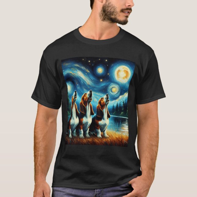 Starry Night Three Basset Hounds Howling at Moon T-Shirt (Front)