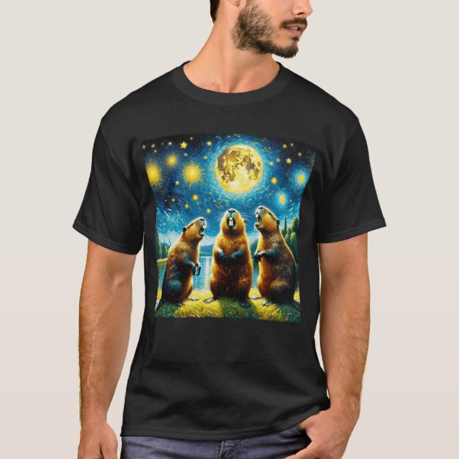 Starry Night Three Beavers Howling at Moon Van T-Shirt (Front)