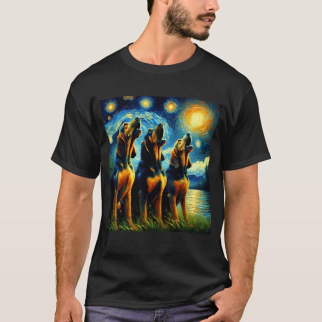 Starry Night Three Bloodhounds Howling at Moon T-Shirt (Front)