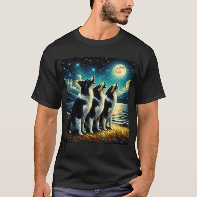 Starry Night Three Border Collies Howling at Moon T-Shirt (Front)