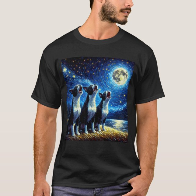 Starry Night Three Boston Terriers Howling at T-Shirt (Front)
