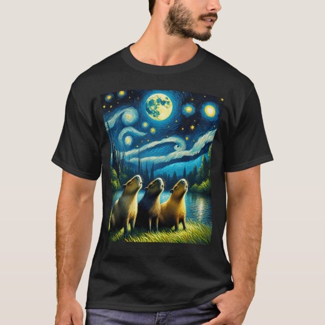 Starry Night Three Capybaras Howling at Moon T-Shirt (Front)