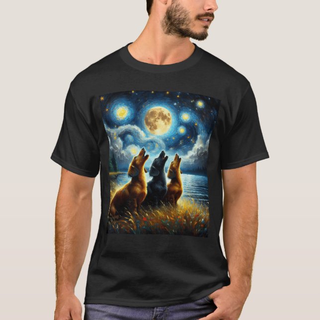 Starry Night Three Dachshunds Howling at Moon Dog T-Shirt (Front)