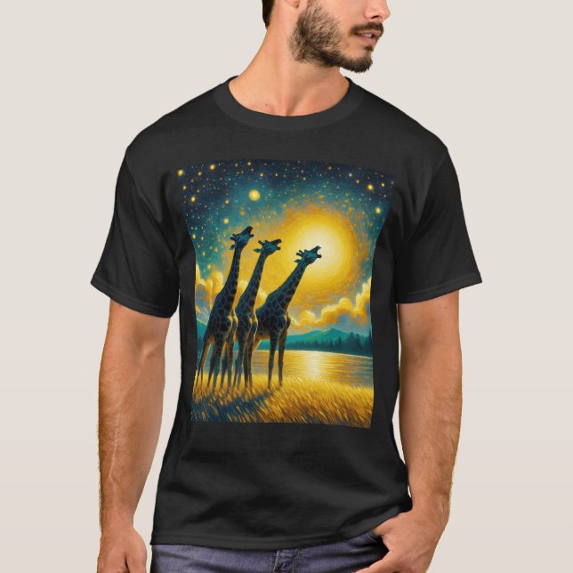 Starry Night Three Giraffes Howling at Moon Van T-Shirt (Front)