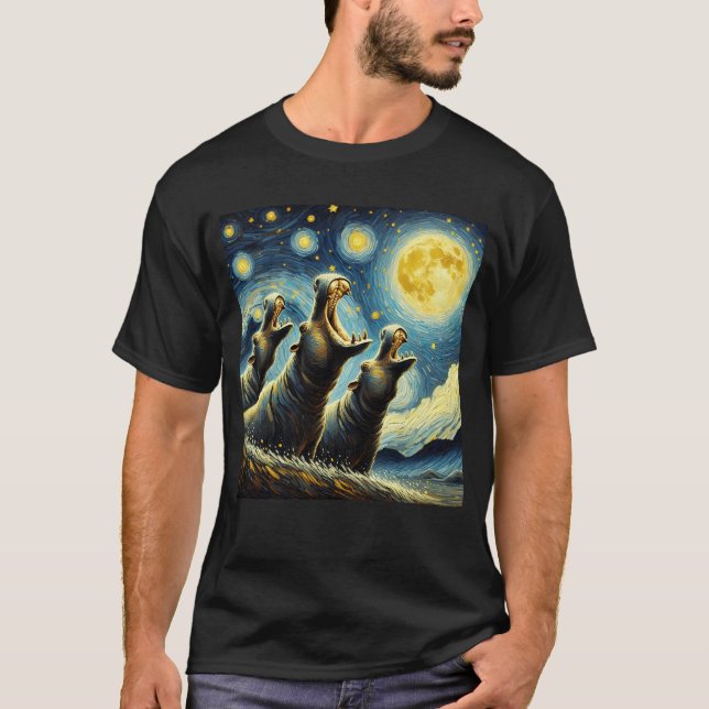 Starry Night Three Hippos Howling at Moon Van T-Shirt (Front)