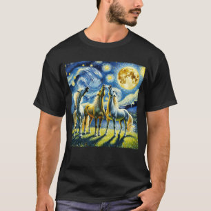 Starry Night Three Horses Howling at Moon Van T-Shirt