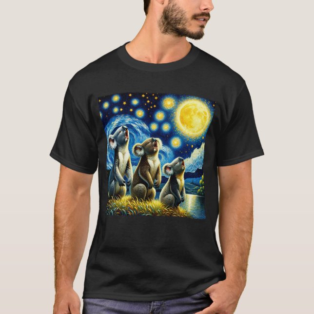 Starry Night Three Koalas Howling at Moon Van T-Shirt (Front)