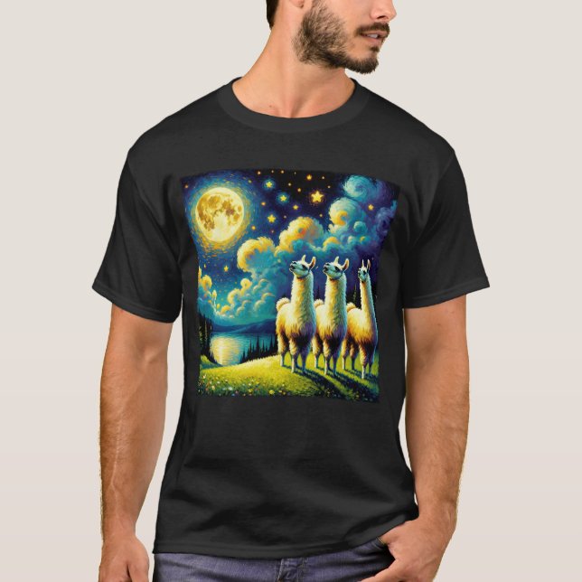 Starry Night Three Llama Alpaca Howling at Moon T-Shirt (Front)