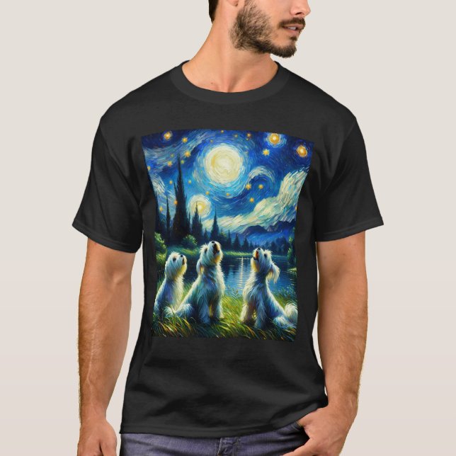 Starry Night Three Maltese Howling at Moon Dog T-Shirt (Front)