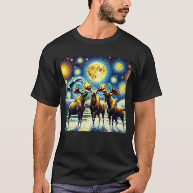 Starry Night Three Mooses Howling at Moon Van T-Shirt (Front)