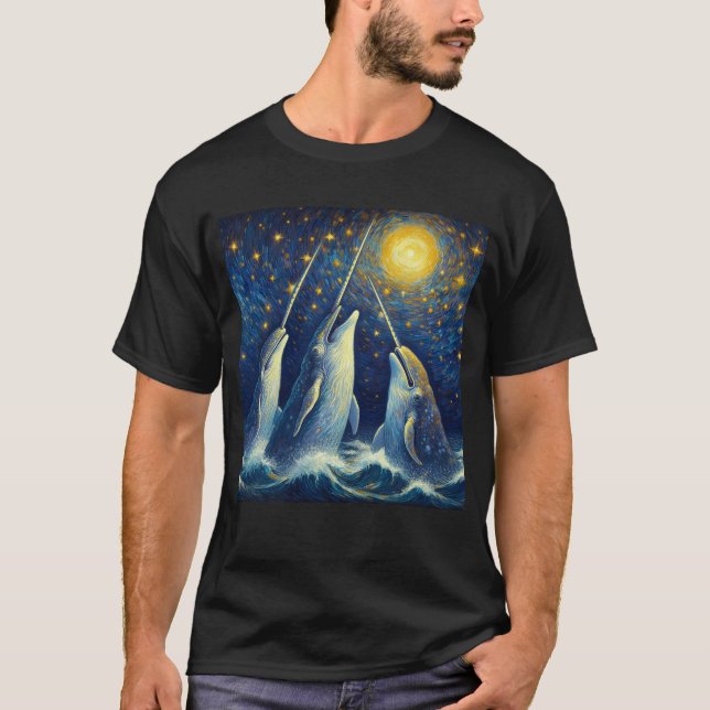 Starry Night Three Narwhals Howling at Moon T-Shirt (Front)