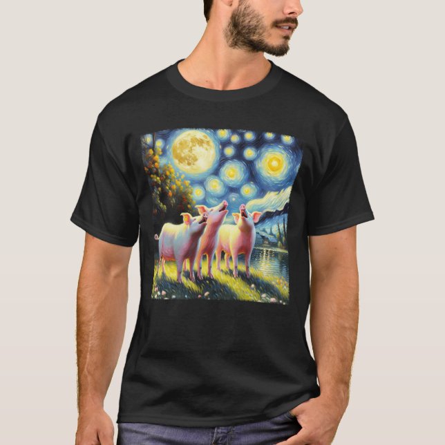 Starry Night Three Pigs Howling at Moon Van Gogh T-Shirt (Front)