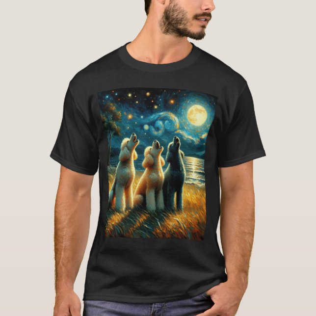 Starry Night Three Poodles Howling at Moon Dog T-Shirt (Front)