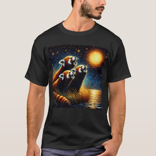 Starry Night Three Red Pandas Howling at Moon Red T-Shirt (Front)