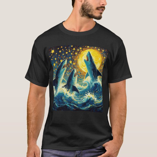 Starry Night Three Sharks Howling at Moon Van T-Shirt (Front)