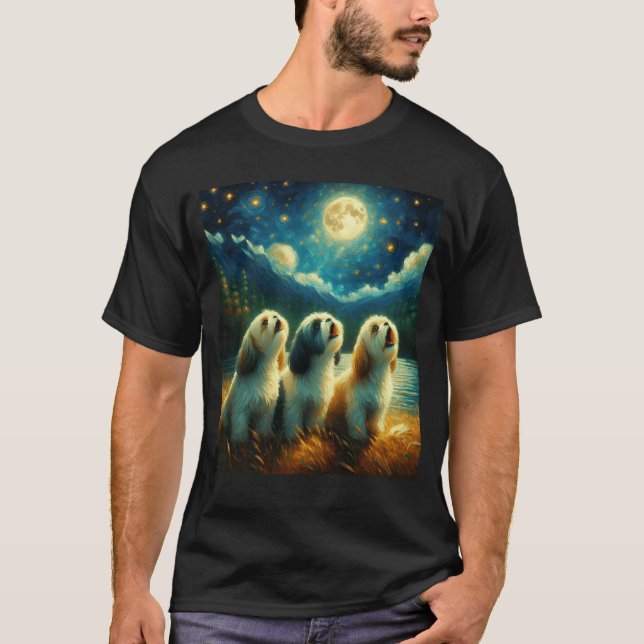 Starry Night Three Shih Tzus Howling at Moon Dog T-Shirt (Front)
