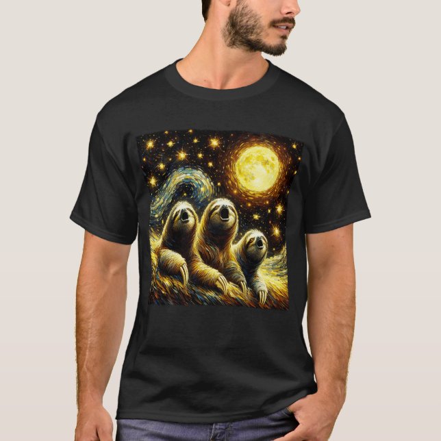 Starry Night Three Sloths Howling at Moon Van T-Shirt (Front)