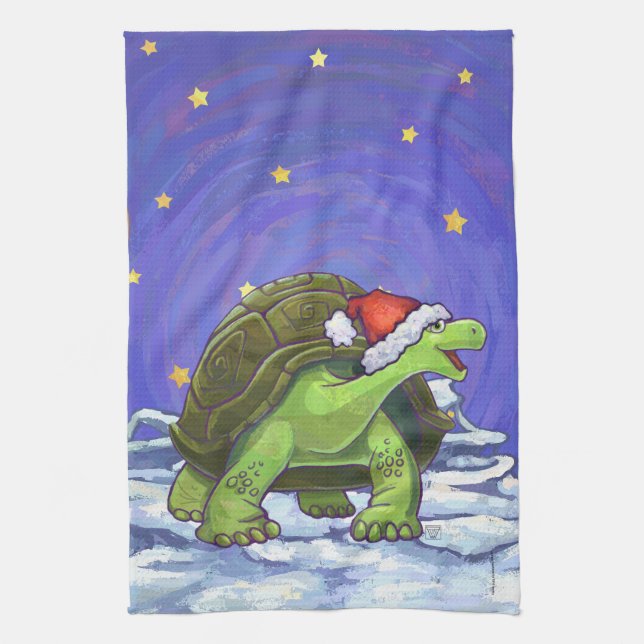 Starry Night Tortoise Christmas Tea Towel (Vertical)