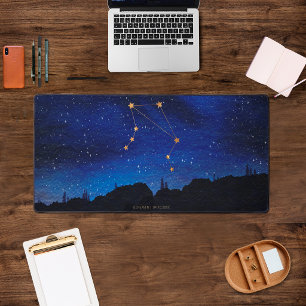 Starry Night Trees Gold Libra Zodiac Constellation Desk Mat
