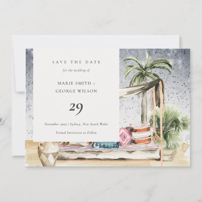 Starry Night Tropical Cabana Save The Date Card (Front)