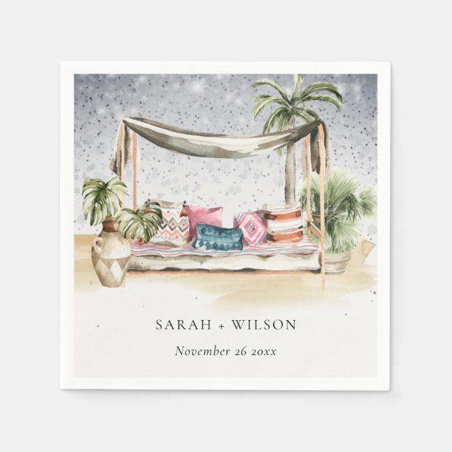 Starry Night Tropical Palm Beach Cabana Wedding Napkin (Front)