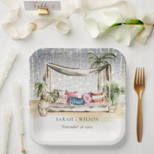 Starry Night Tropical Palm Beach Cabana Wedding Paper Plate