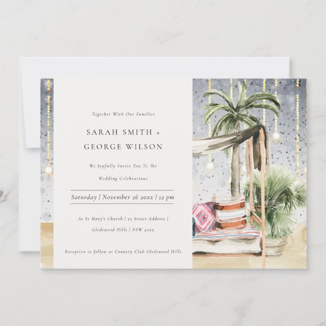 Starry Night Tropical Palm Cabana Wedding Invite (Front)