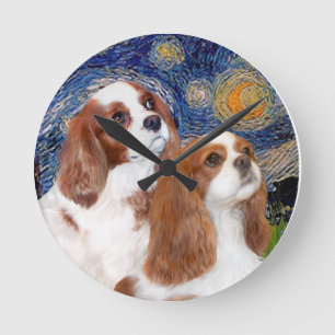 Starry Night - Two Blenheim Cavaliers Round Clock