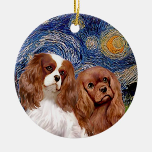 Starry Night - TWO Cavaliers (BL+Ruby) Ceramic Tree Decoration (Front)