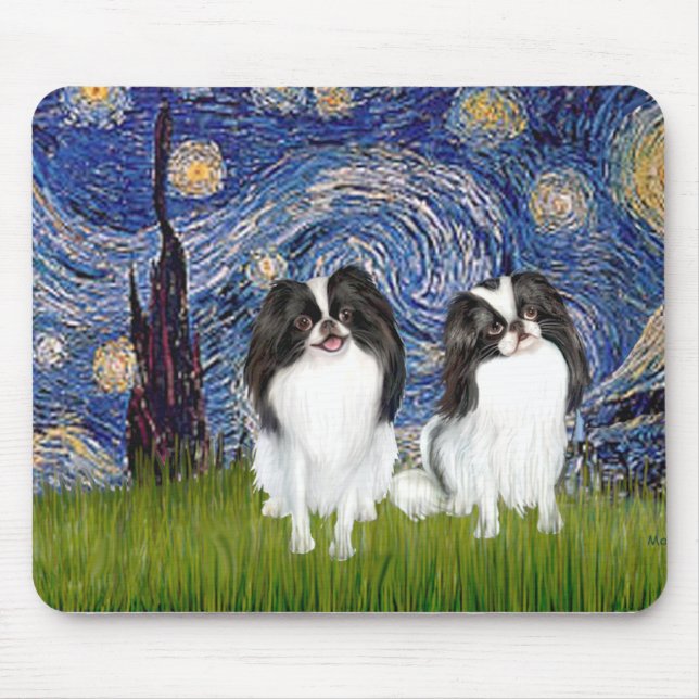 Starry Night - Two Japanese Chins (BW) Mouse Mat (Front)
