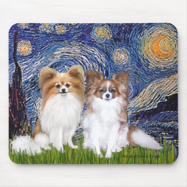 Starry Night - Two Papillons Mouse Mat (Front)