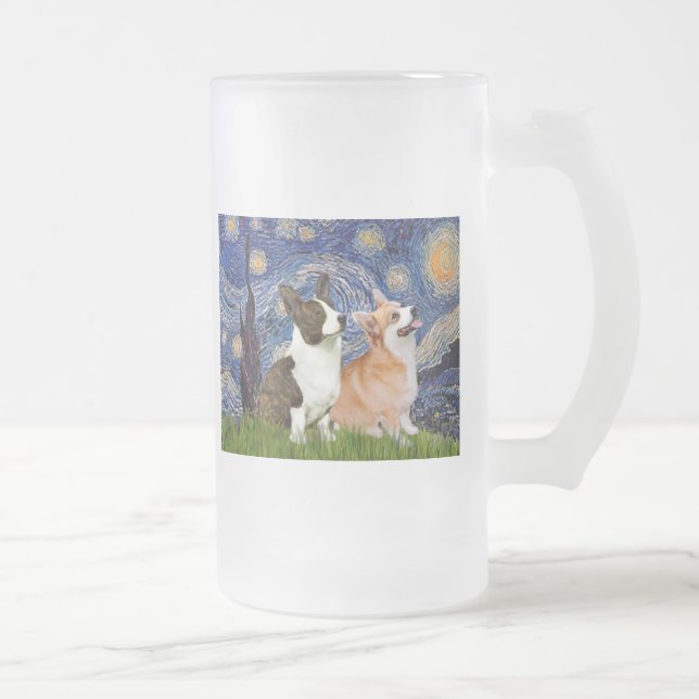 Starry Night - Two Welsh Corgis (C + P) Frosted Glass Beer Mug (Right)