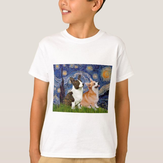 Starry Night - Two Welsh Corgis (C + P) T-Shirt (Front)