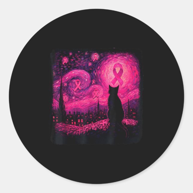 Starry Night Van Gogh Cat Halloween Breast Cancer  Classic Round Sticker (Front)