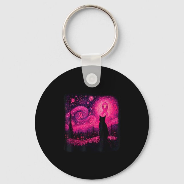 Starry Night Van Gogh Cat Halloween Breast Cancer  Key Ring (Front)