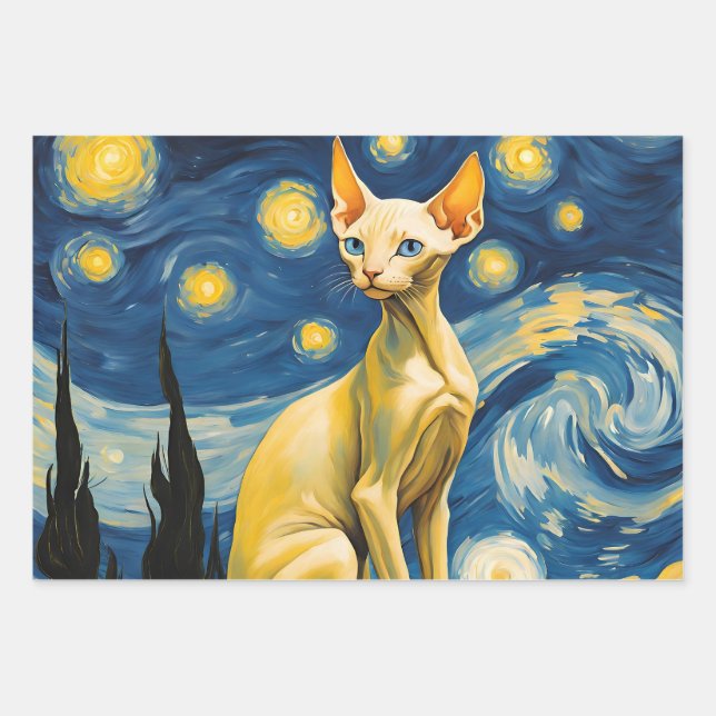 Starry Night Van Gogh Elf Sphynx Cat Art Gift Wrapping Paper Sheet (Front)