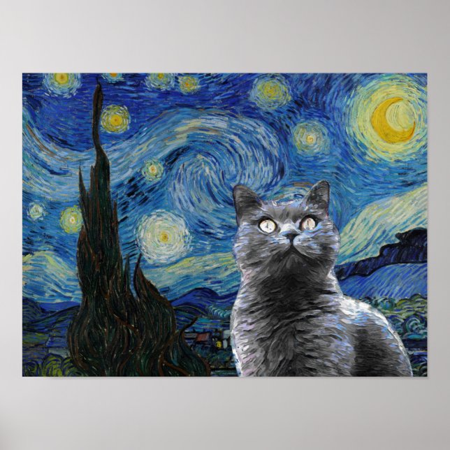 Starry Night Vincent Van Gogh Cute Cat Kitten Poster (Front)