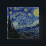 Starry Night Vincent van Gogh Painting 15 Cm Square Badge<br><div class="desc">This beautiful, fine art design shows Dutch post-Impressionist painter Vincent van Gogh's famous painting, "The Starry Night." Painted during his stay at the Saint Remy asylum in the 1880's, van Gogh depicted the rolling hills and cypress trees he saw from his window. He also added the village, which he could...</div>