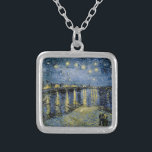 Starry Night  Vincent  van Gogh   Silver Plated Necklace<br><div class="desc">Thatched Cottages at Cordeville. Vincent Willem van Gogh. Night landscape in dark blue and yellow tones. There is a bridge across the river. In the foreground, a man and a woman are walking along the embankment. The stars are shining in the sky. Reproduction of famous works of art images in...</div>