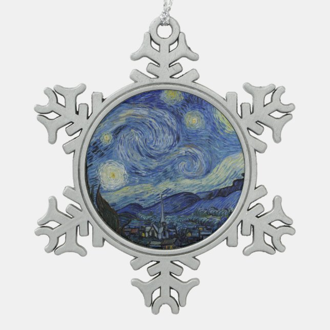 Starry Night Vincent van Gogh Snowflake Pewter Christmas Ornament (Front)