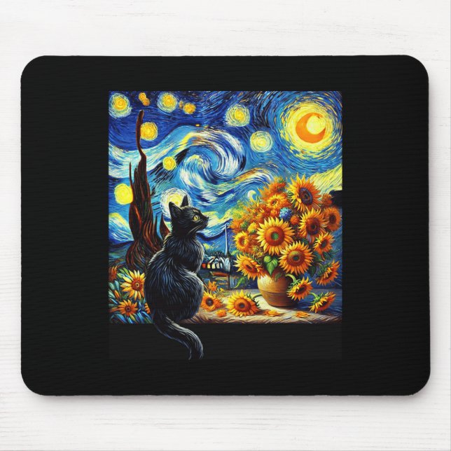 Starry Night Vincent Van Gogh Sunflowers Cat Lover Mouse Mat (Front)